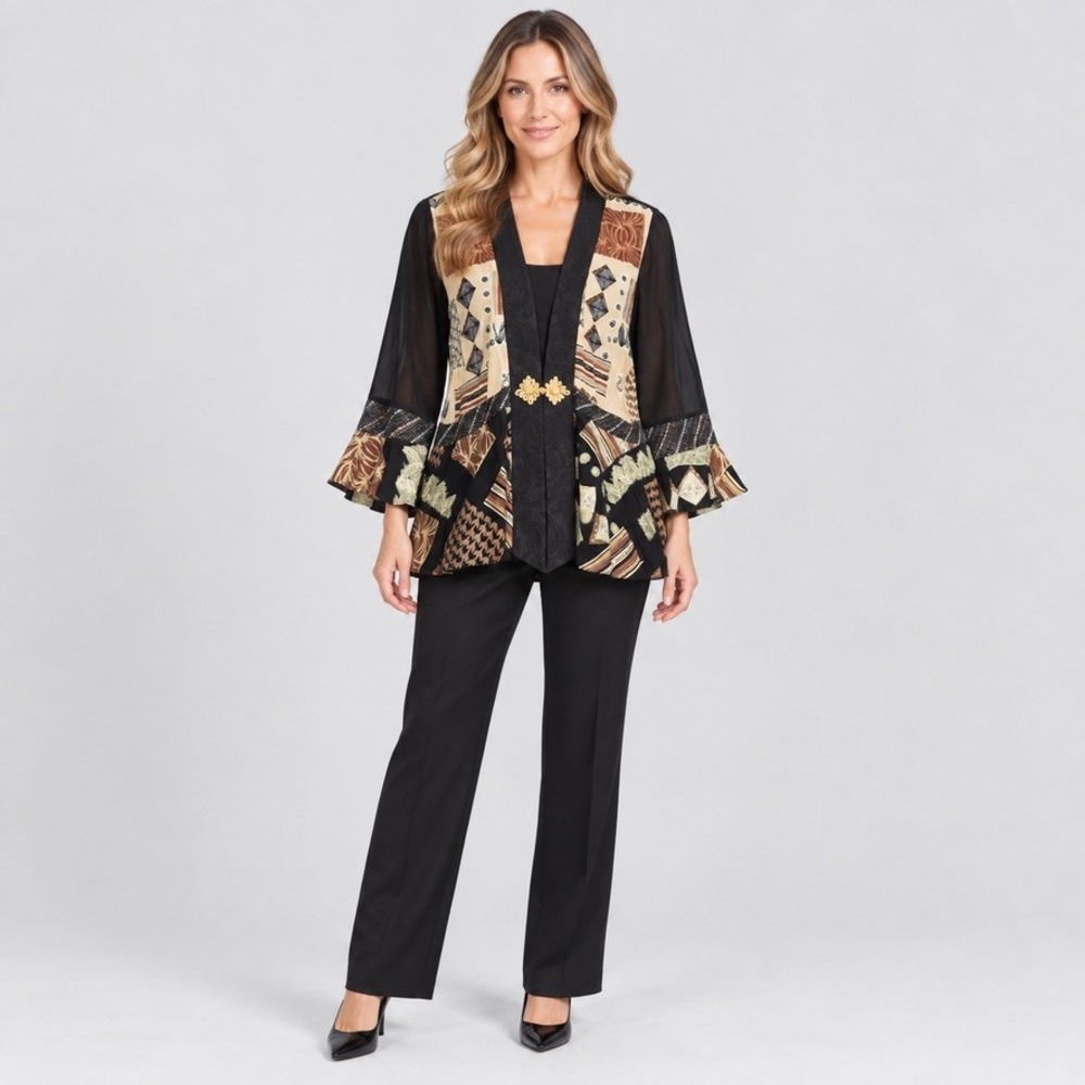 R&M Richards Womens 16 Black Multi Abstract Frog Closure Boho Peplum Jacket
